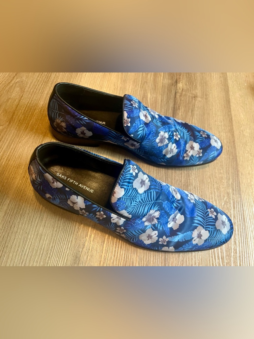 Saks Fifth Avenue Blue Floral Satin Slip-On Loafers